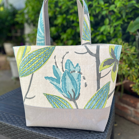 Market Tote Green/Blue Linen with Snap