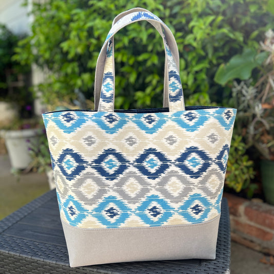 Market Tote Blue Ikat with Snap